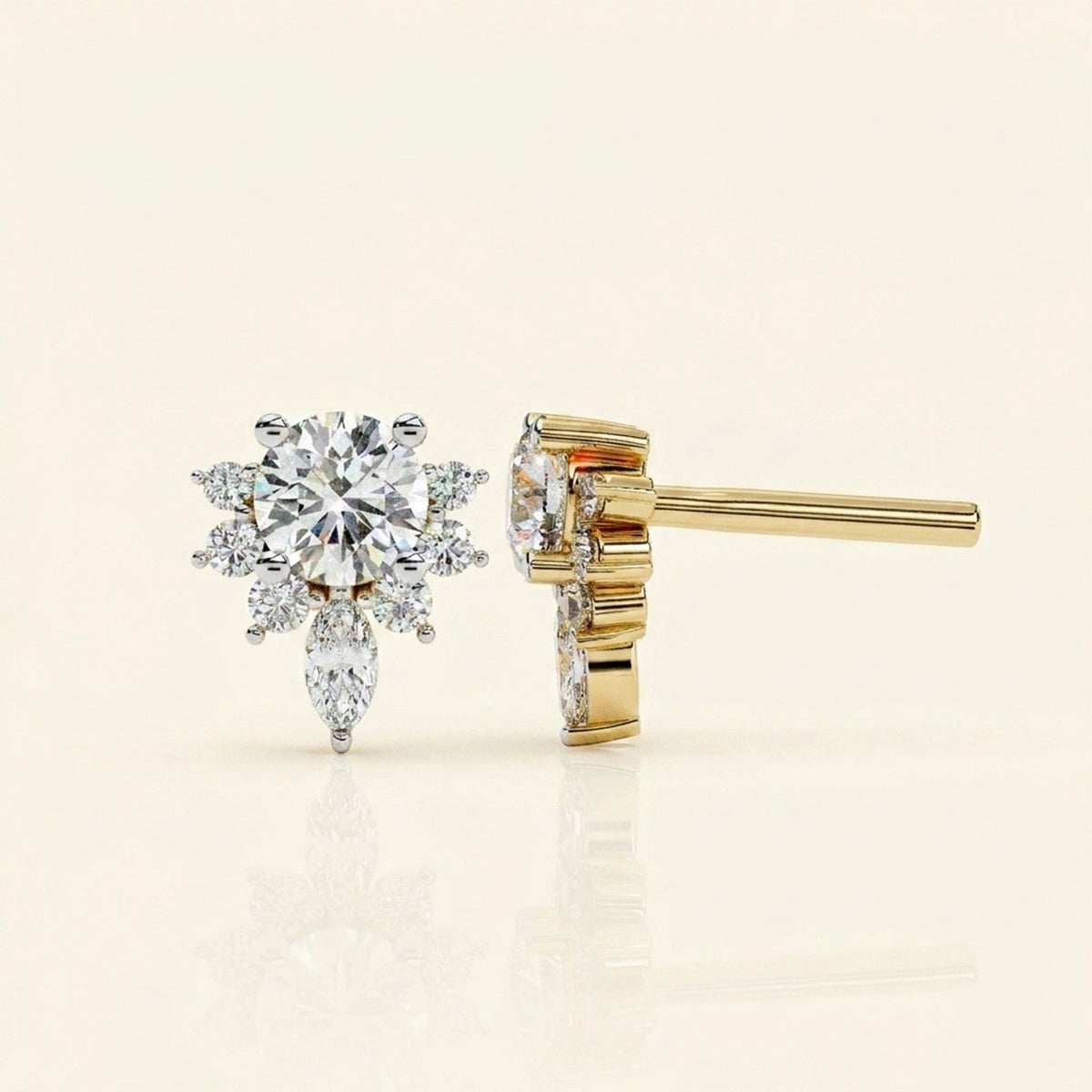 Side view of stud earrings floral cluster with drop design