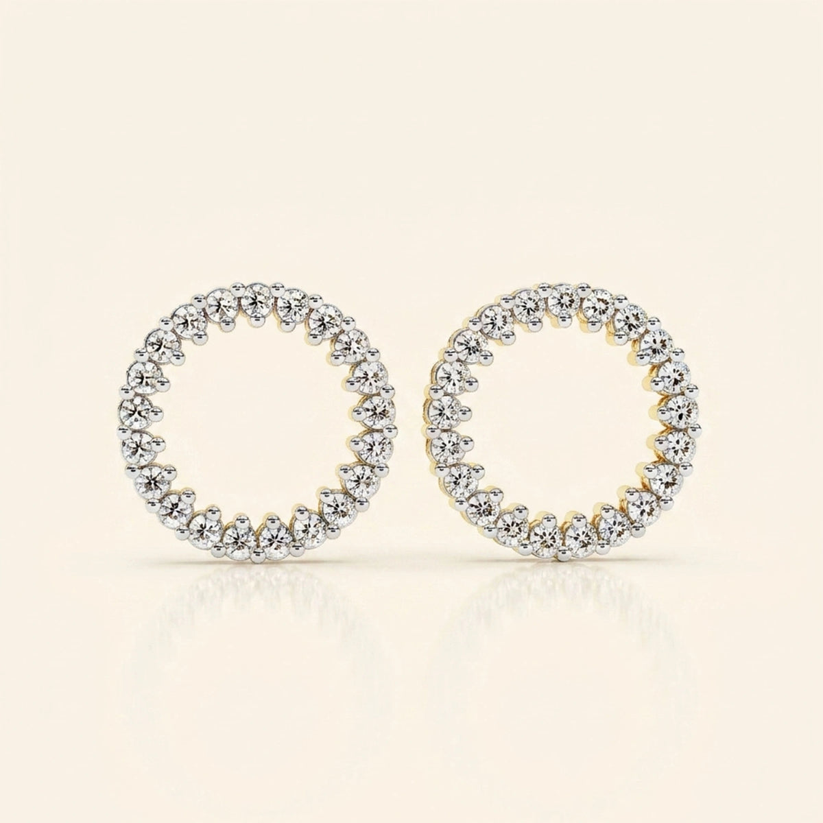 Front view of open circle round halo stud earrings
