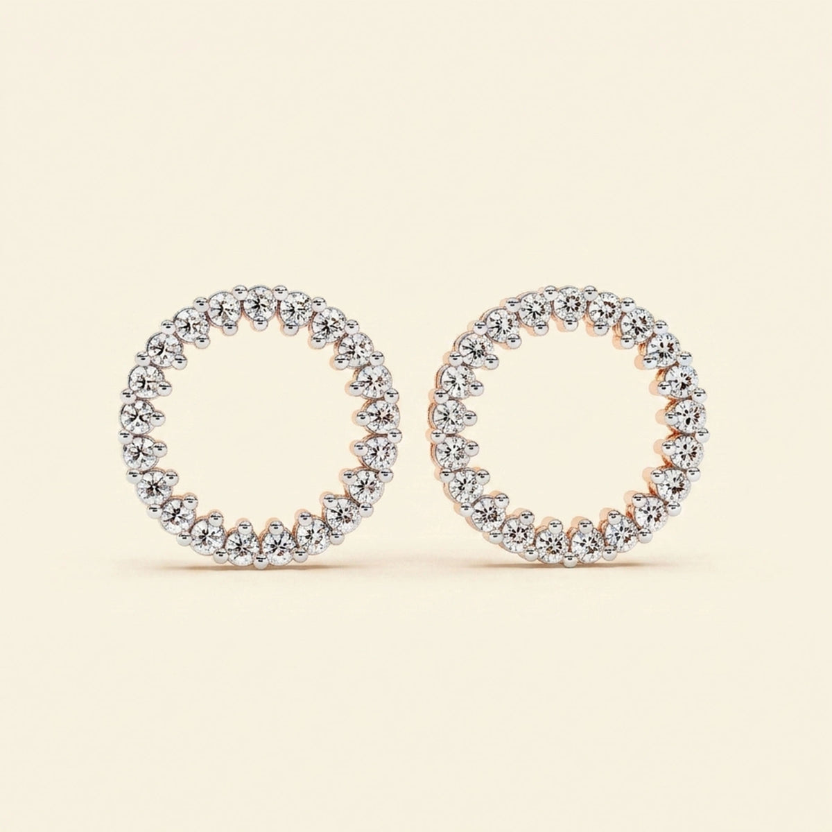 Front view of open circle round halo stud earrings