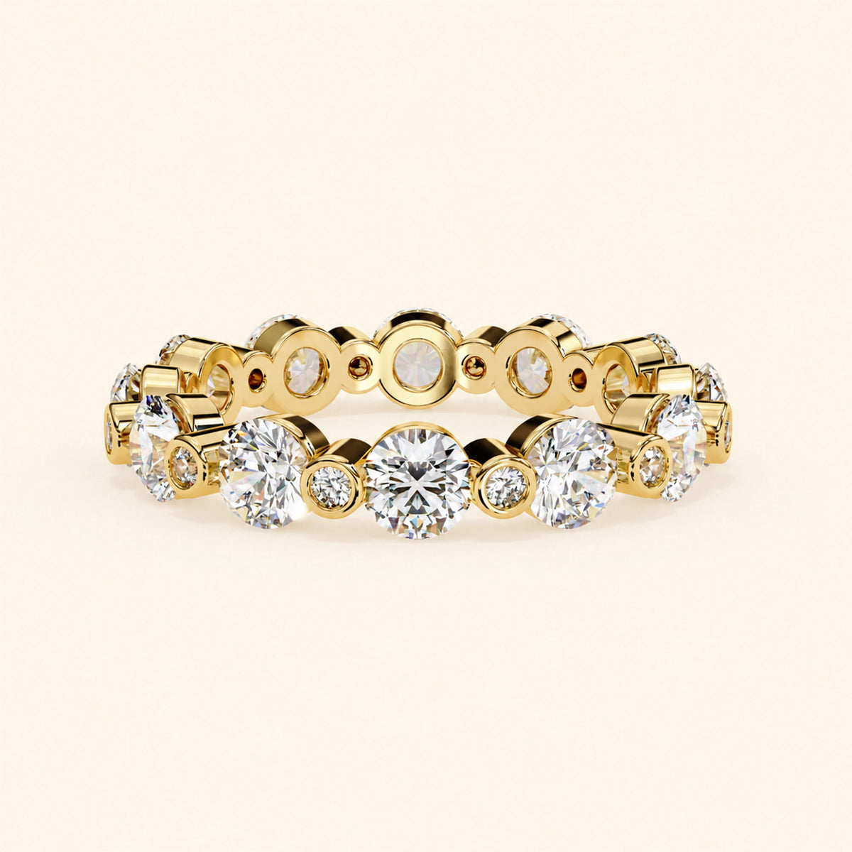 Front view of round cut eternity wedding band