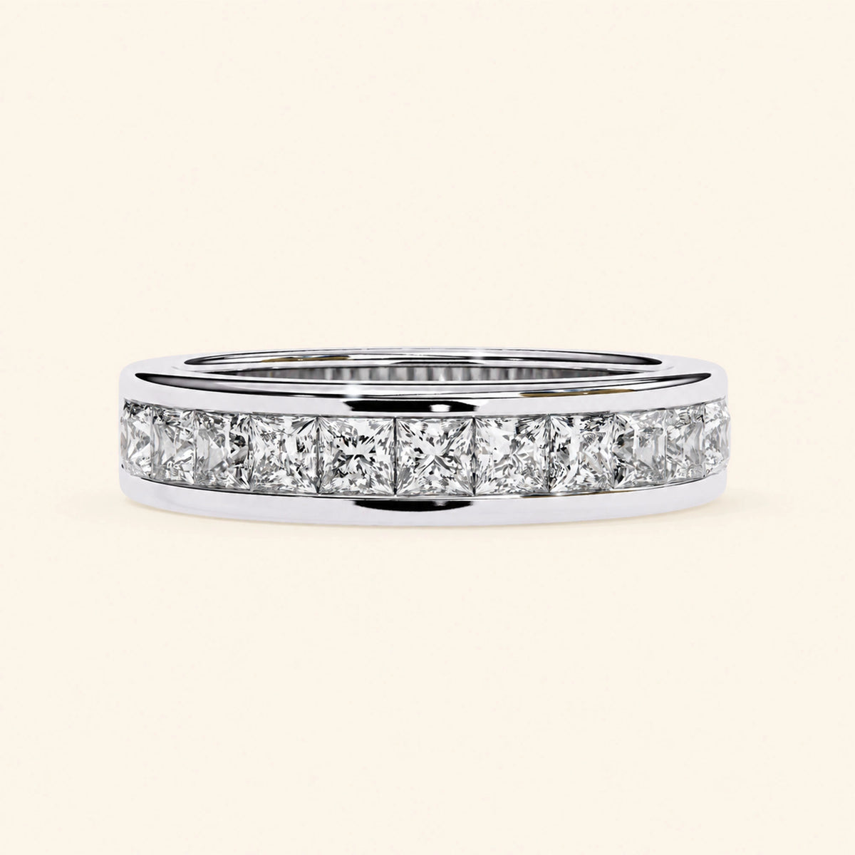 Front view of princess cut half eternity wedding band