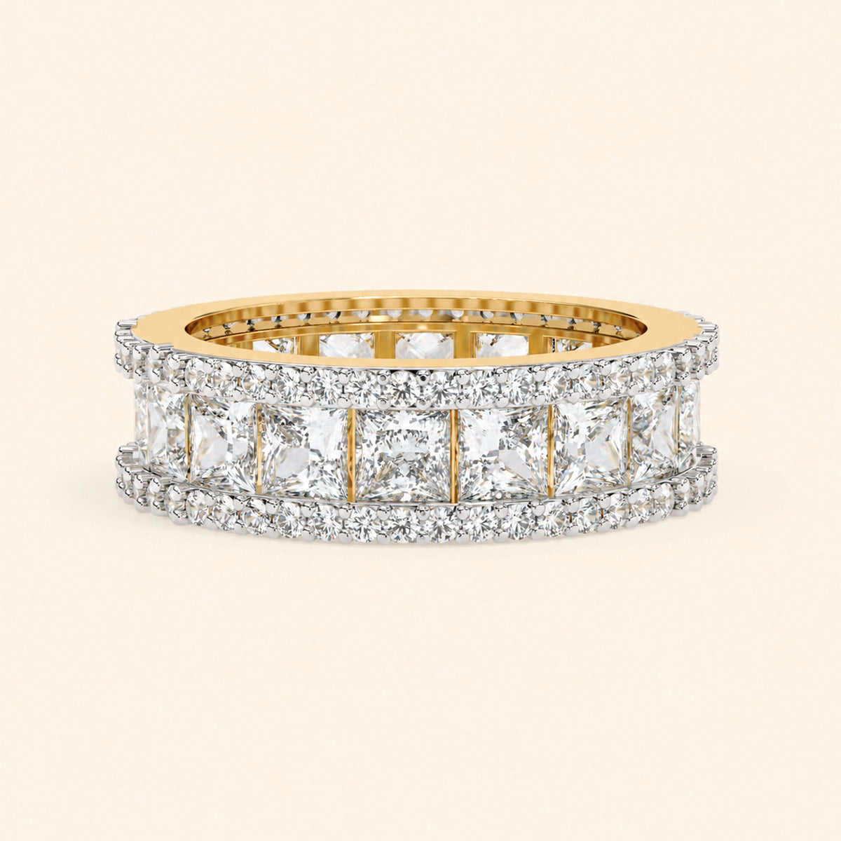 Front view of princess and round cut wedding band