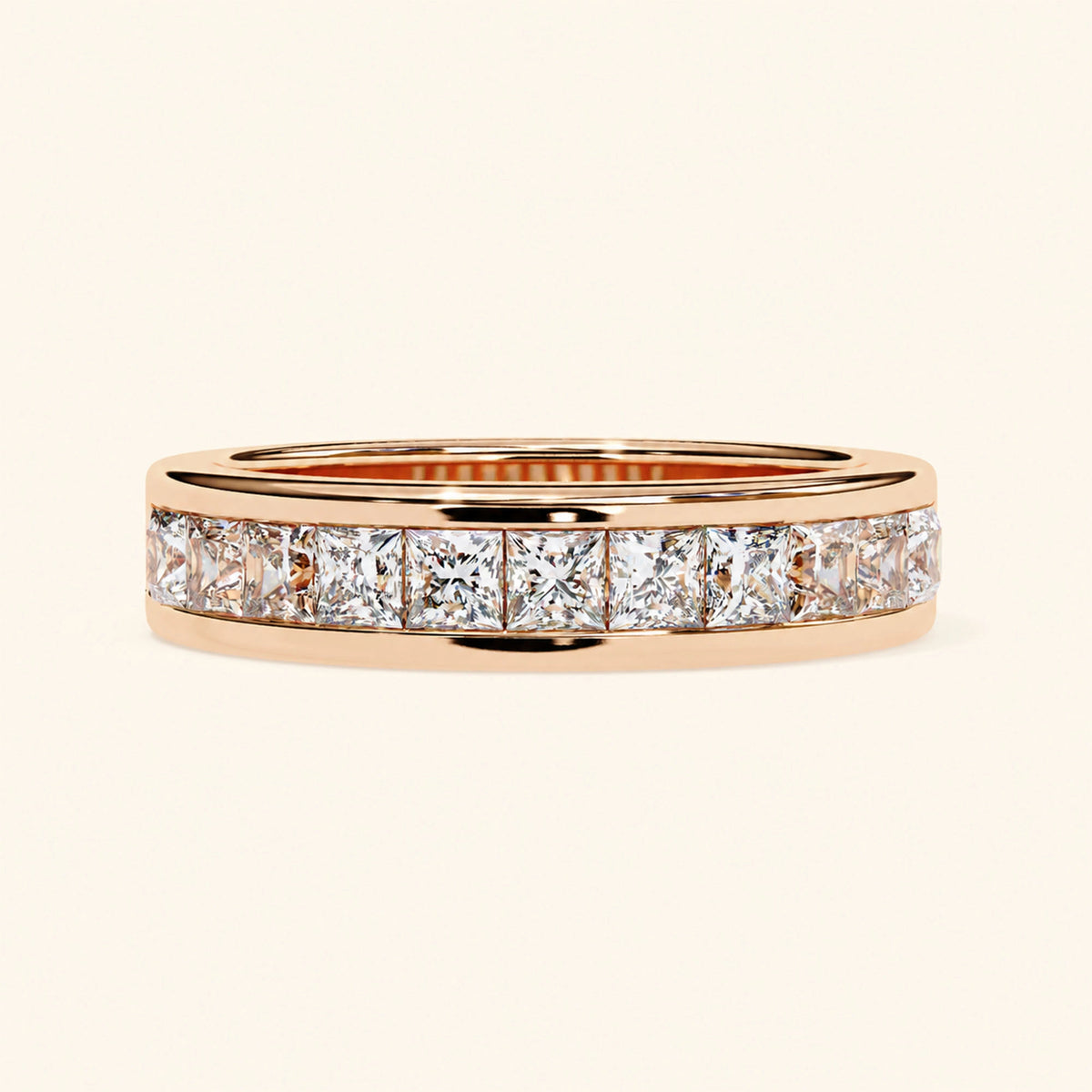 Front view of princess cut half eternity wedding band