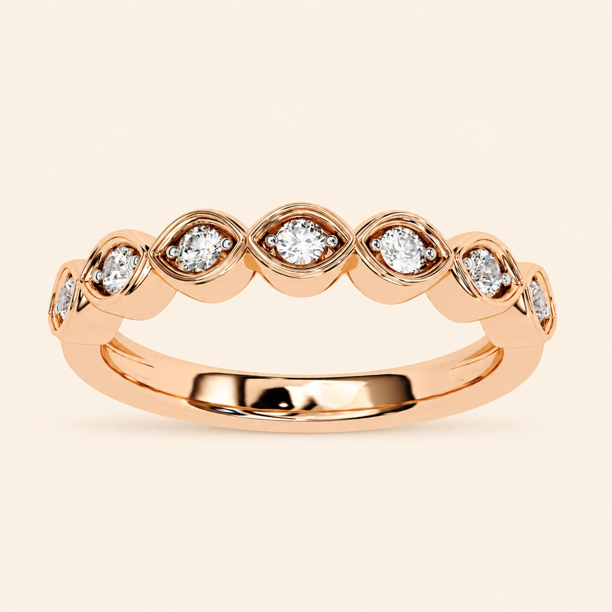 Angle view of round shape 7 stone wedding band