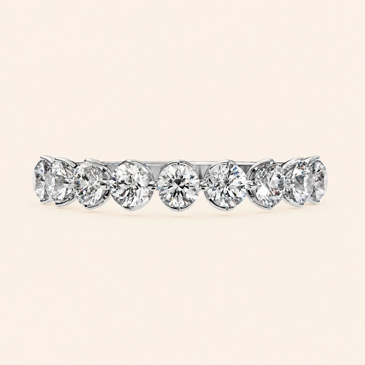 Front view of round cut half eternity wedding band