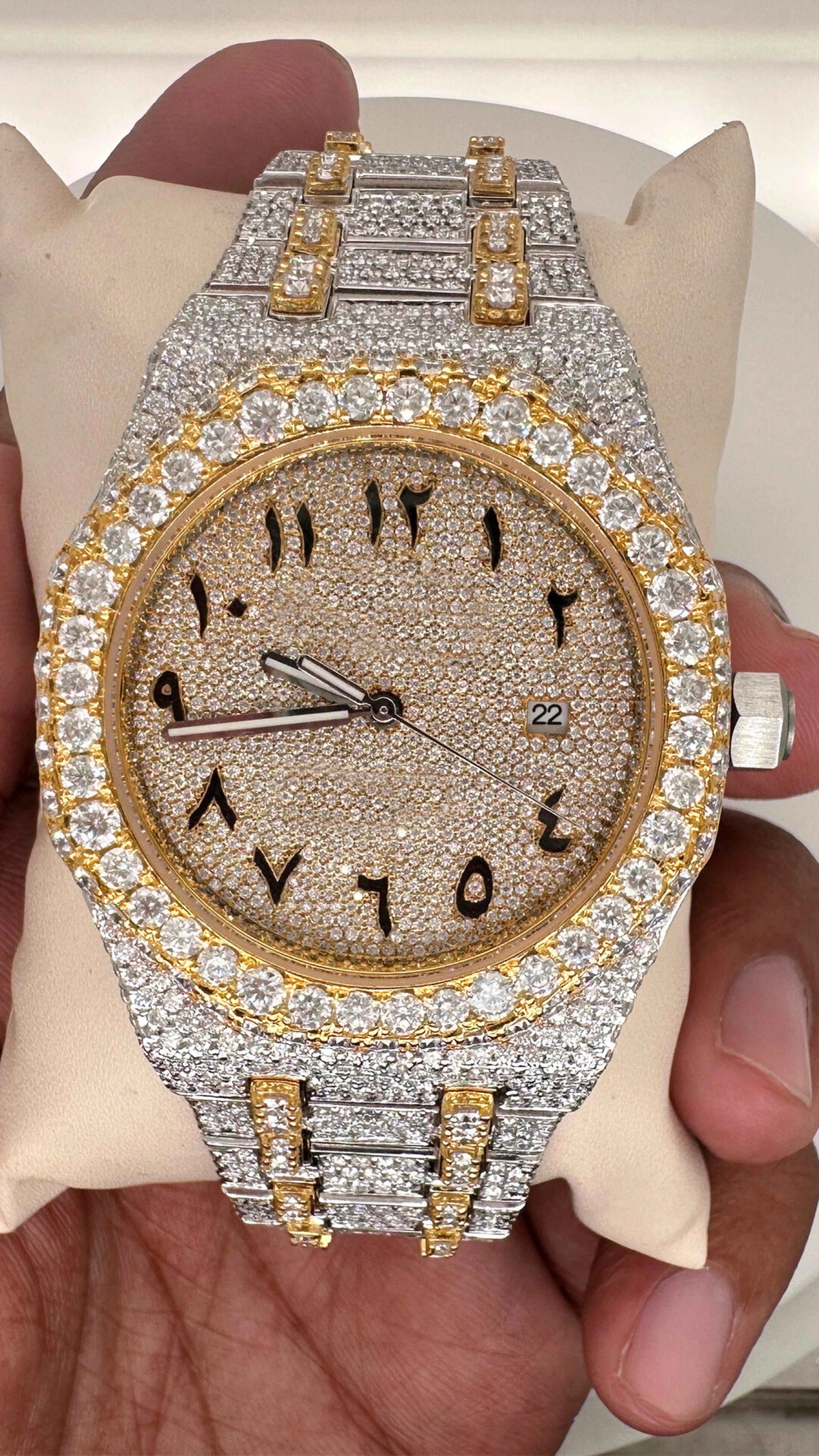 Front view of vvs moissanite diamond watch in two tone