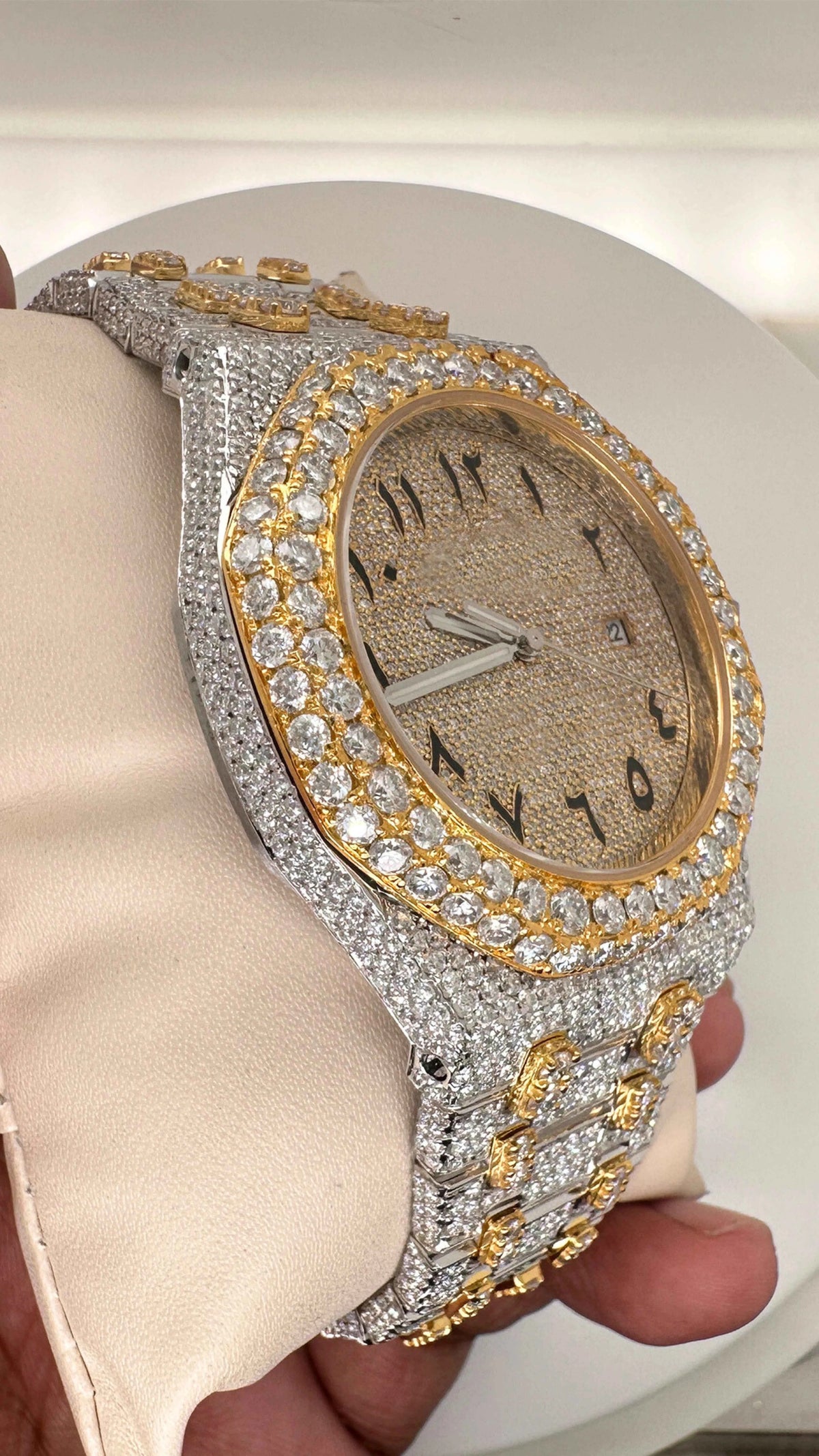Side view of vvs moissanite diamond watch in two tone