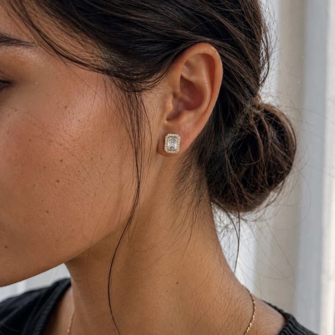 Radiant cut stud earrings with halo design