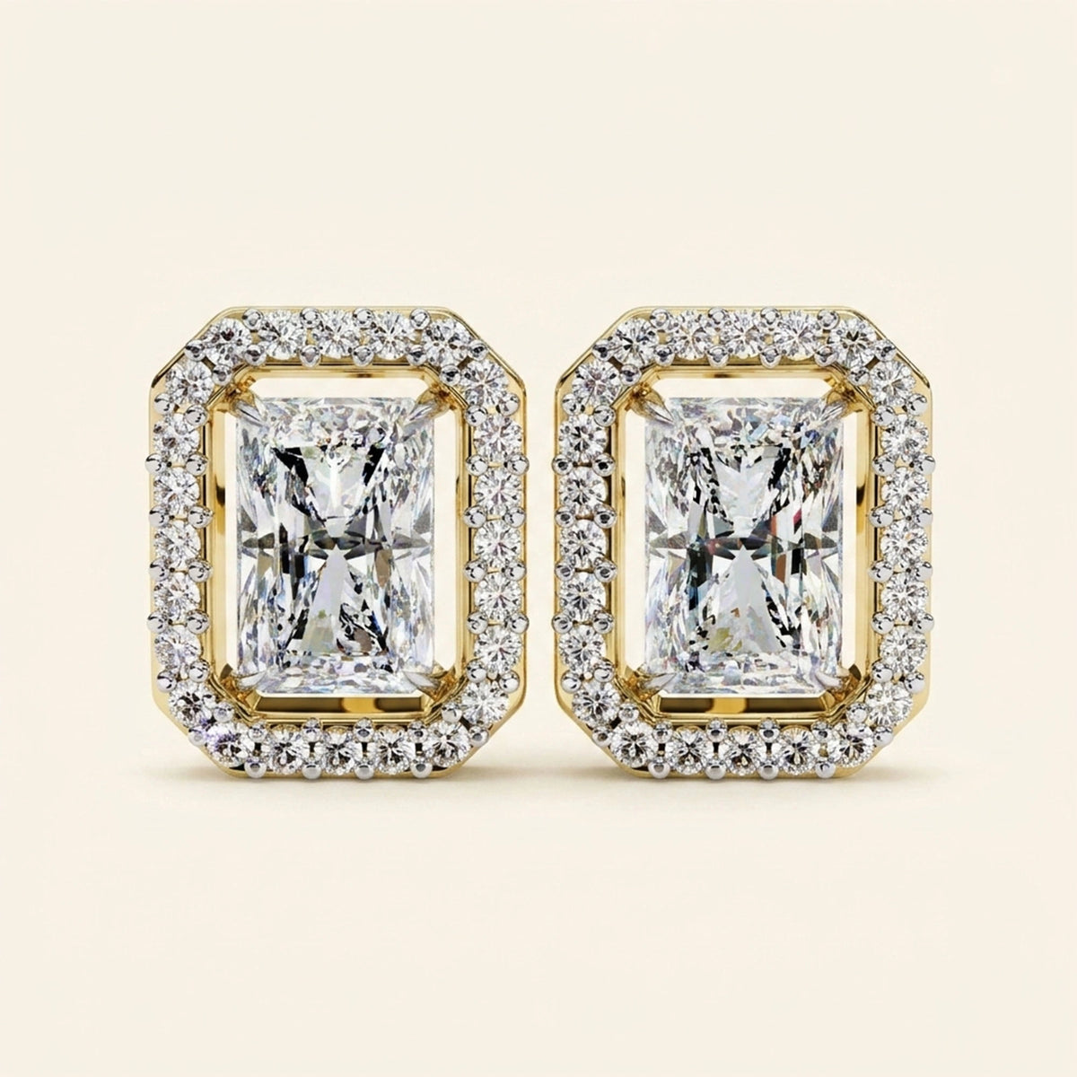 Front view of radiant cut stud earrings with halo design