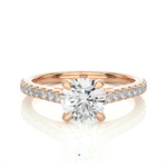 Load image into Gallery viewer, Front view of 1.20 Ct Round Cut Moissanite Cathedral Set Engagement Ring In Rose Gold, highlighting the brilliant center Moissanite stone.