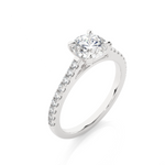 Load image into Gallery viewer, Angled view of 1.20 Ct Round Cut Moissanite Cathedral Set Engagement Ring In Silver, showcasing the band and setting.