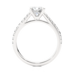 Load image into Gallery viewer, Side profile of 1.20 Ct Round Cut Moissanite Cathedral Set Engagement Ring In Silver, highlighting the brilliant center moissanite stone., highlighting the prong setting.