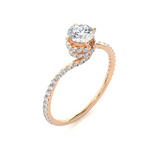 Load image into Gallery viewer, Angled view of 1.30 Carat Double Halo Twisted Moissanite Ring In Rose Gold, showcasing the band and setting.