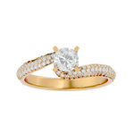 Load image into Gallery viewer, Front view of 1.50 Carat Bypass Three Row Round Moissanite Ring In Yellow Gold, highlighting the brilliant center moissanite stone.