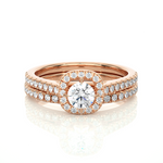 Load image into Gallery viewer, Front view of 1.50 Carat Halo Moissanite Bridal Set With Accents in Rose Gold, highlighting the brilliant center Moissanite stone.