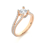 Load image into Gallery viewer, Angled view of 1.50 Carat Moissanite Split Shank Engagement Ring With Accents In Rose Gold, showcasing the band and setting.​