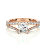 Load image into Gallery viewer, Front view of 1.50 Carat Moissanite Split Shank Engagement Ring With Accents In Rose Gold, highlighting the brilliant center moissanite stone.