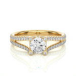 Load image into Gallery viewer, Front view of 1.50 Carat Moissanite Split Shank Engagement Ring With Accents In Yellow Gold, highlighting the brilliant center moissanite stone.