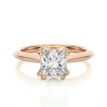 Load image into Gallery viewer, Front view of 1.50 Carat Princess Cut Moissanite Solitaire Ring In Rose Gold, highlighting the brilliant center moissanite stone.