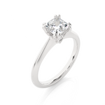 Load image into Gallery viewer, Angled view of 1.50 Carat Princess Cut Moissanite Solitaire Ring In White Gold, showcasing the band and setting.