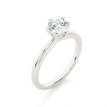 Load image into Gallery viewer, Angled view of 1.50 Carat Round Cut Moissanite Solitaire Engagement Ring In White Gold, showcasing the band and setting.