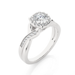 Load image into Gallery viewer, Angled view of 1.50 Carat Round Moissanite Halo Twisted Ring In Silver, showcasing the band and setting.