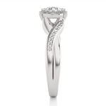 Load image into Gallery viewer, Side profile of 1.50 Carat Round Moissanite Halo Twisted Ring In Silver, highlighting the brilliant center moissanite stone., highlighting the prong setting.