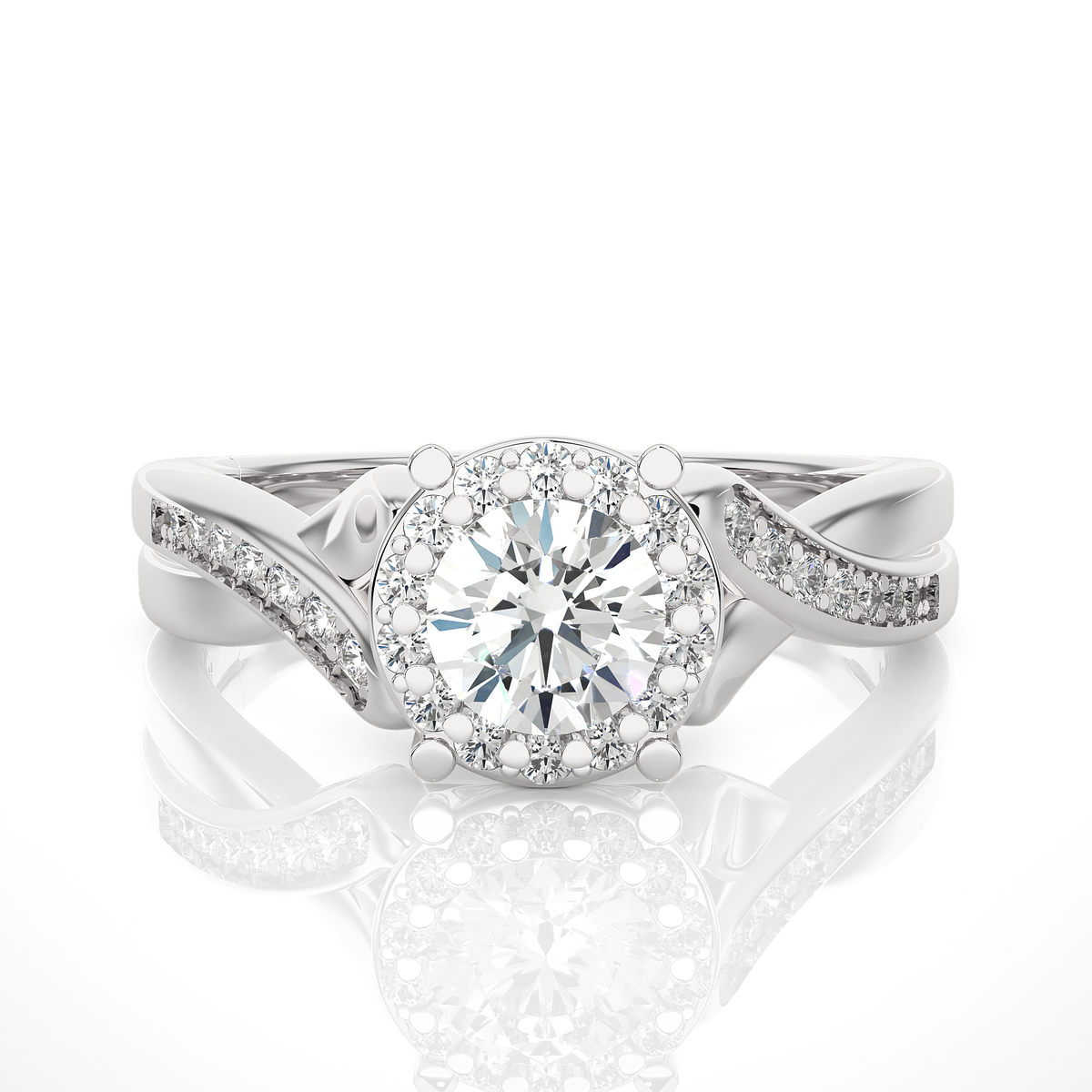 1 carat round moissanite halo twisted ring in yellow gold