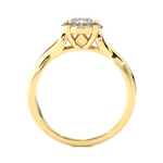 Load image into Gallery viewer, Side profile of 1.50 Carat Round Moissanite Halo Twisted Ring In Yellow Gold, highlighting the brilliant center moissanite stone., highlighting the prong setting.