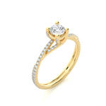 Load image into Gallery viewer, Angled view of 1.50 Carat Round Moissanite Twisted Solitaire Ring In Yellow Gold, showcasing the band and setting.​