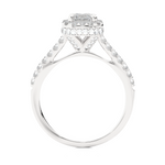 Load image into Gallery viewer, Side profile of 1.50 Ct Emerald Cut Moissanite Halo Engagement Ring In White Gold, highlighting the prong setting.