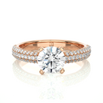 Load image into Gallery viewer, Front view of 1.50 Ct Moissanite Engagement Ring With Three Row Accents In Rose Gold, highlighting the brilliant center moissanite stone.