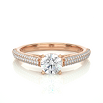 Load image into Gallery viewer, Front view of 1.50 Ct Moissanite Three Row Engagement Ring with Accent In Rose Gold, highlighting the brilliant center moissanite stone.