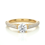 Load image into Gallery viewer, Front view of 1.50 Ct Moissanite Three Row Engagement Ring with Accent In Yellow Gold, highlighting the brilliant center moissanite stone.