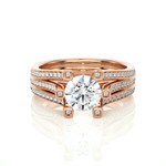 Load image into Gallery viewer, Front view of 1.50 Ct Moissanite Three Row Split Shank Engagement Ring In Rose Gold, highlighting the brilliant center moissanite stone.