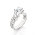Load image into Gallery viewer, Angled view of 1.50 Ct Moissanite Three Row Split Shank Engagement Ring In White Gold, showcasing the band and setting.