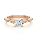 Load image into Gallery viewer, Front view of 1.50 Ct Round Cut Moissanite French V-Split Engagement Ring In Rose Gold, highlighting the brilliant center moissanite stone.