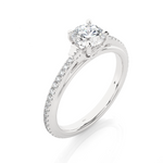 Load image into Gallery viewer, Angled view of1.50 Ct Round Cut Moissanite French V-Split Engagement Ring In Silver, showcasing the band and setting.