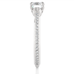 Load image into Gallery viewer, Side profile of Front view of 1.50 Ct Round Cut Moissanite French V-Split Engagement Ring In Silver, highlighting the brilliant center moissanite stone., highlighting the prong setting.