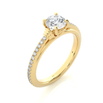 Load image into Gallery viewer, Angled view of 1.50 Ct Round Cut Moissanite French V-Split Engagement Ring In Yellow Gold, showcasing the band and setting.