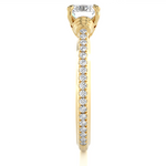 Load image into Gallery viewer, Side profile of Front view of 1.50 Ct Round Cut Moissanite French V-Split Engagement Ring In Yellow Gold, highlighting the brilliant center moissanite stone., highlighting the prong setting.
