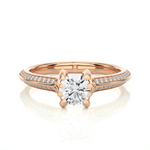 Load image into Gallery viewer, Front view of 1.50 Ct Round Cut Moissanite Two Row Accent Engagement Ring In Rose Gold, highlighting the brilliant center moissanite stone.