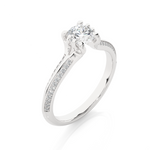 Load image into Gallery viewer, Angled view of 1.50 Ct Round Cut Moissanite Two Row Accent Engagement Ring In Silver, showcasing the band and setting.
