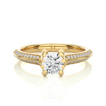 Load image into Gallery viewer, Front view of 1.50 Ct Round Cut Moissanite Two Row Accent Engagement Ring In Yellow Gold, highlighting the brilliant center moissanite stone.