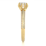 Load image into Gallery viewer, Side profile of 1.50 Ct Round Cut Moissanite Two Row Accent Engagement Ring In Yellow Gold, highlighting the prong setting.