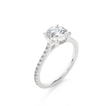 Load image into Gallery viewer, Angled view of 1.50 Ct Round Moissanite Hidden Halo Engagement Ring In White Gold, showcasing the band and setting.