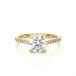 Load image into Gallery viewer, Front view of 1.50 Ct Round Moissanite Hidden Halo Engagement Ring In Yellow Gold, highlighting the brilliant center Moissanite stone.