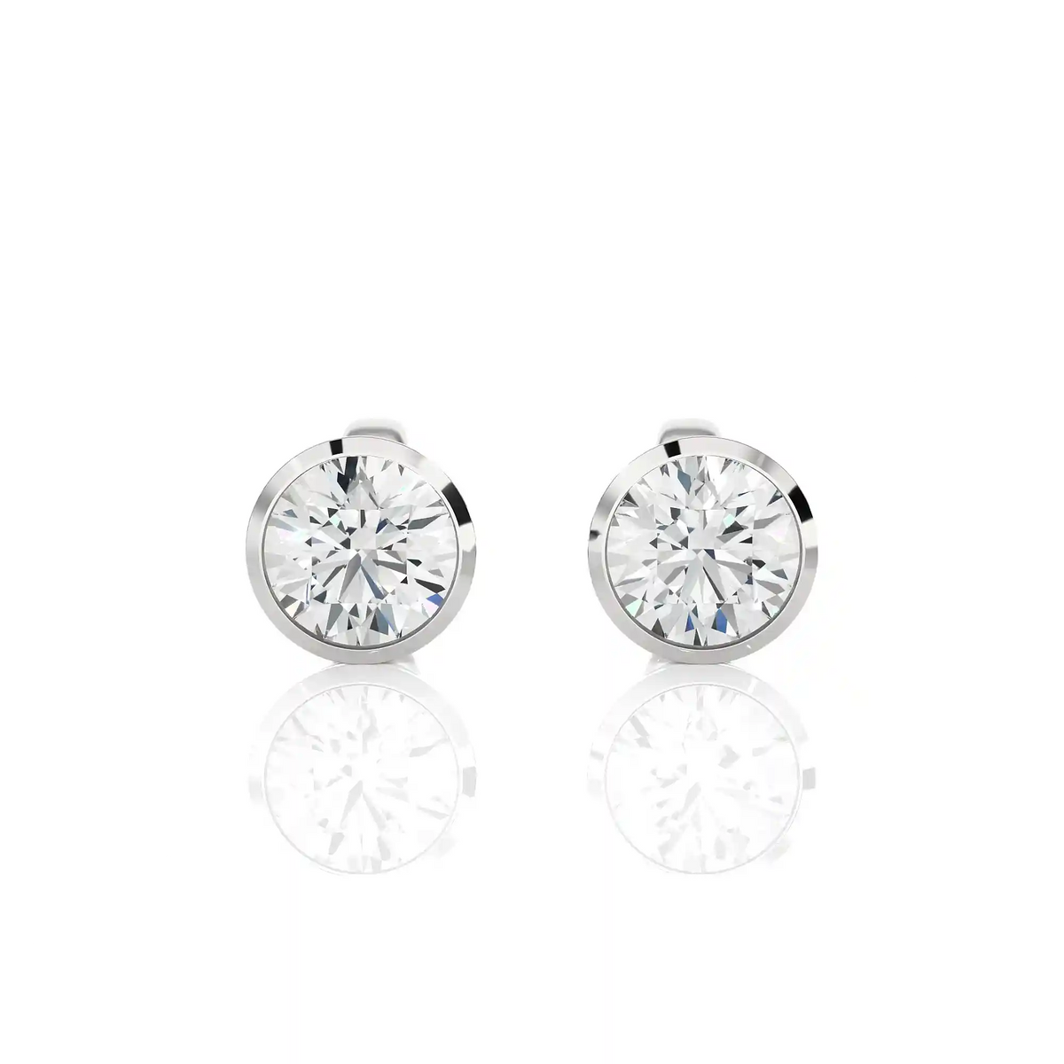 Front view of 1 carat bezel setting moissanite stud earrings in white gold, shows sparkle and smooth edges