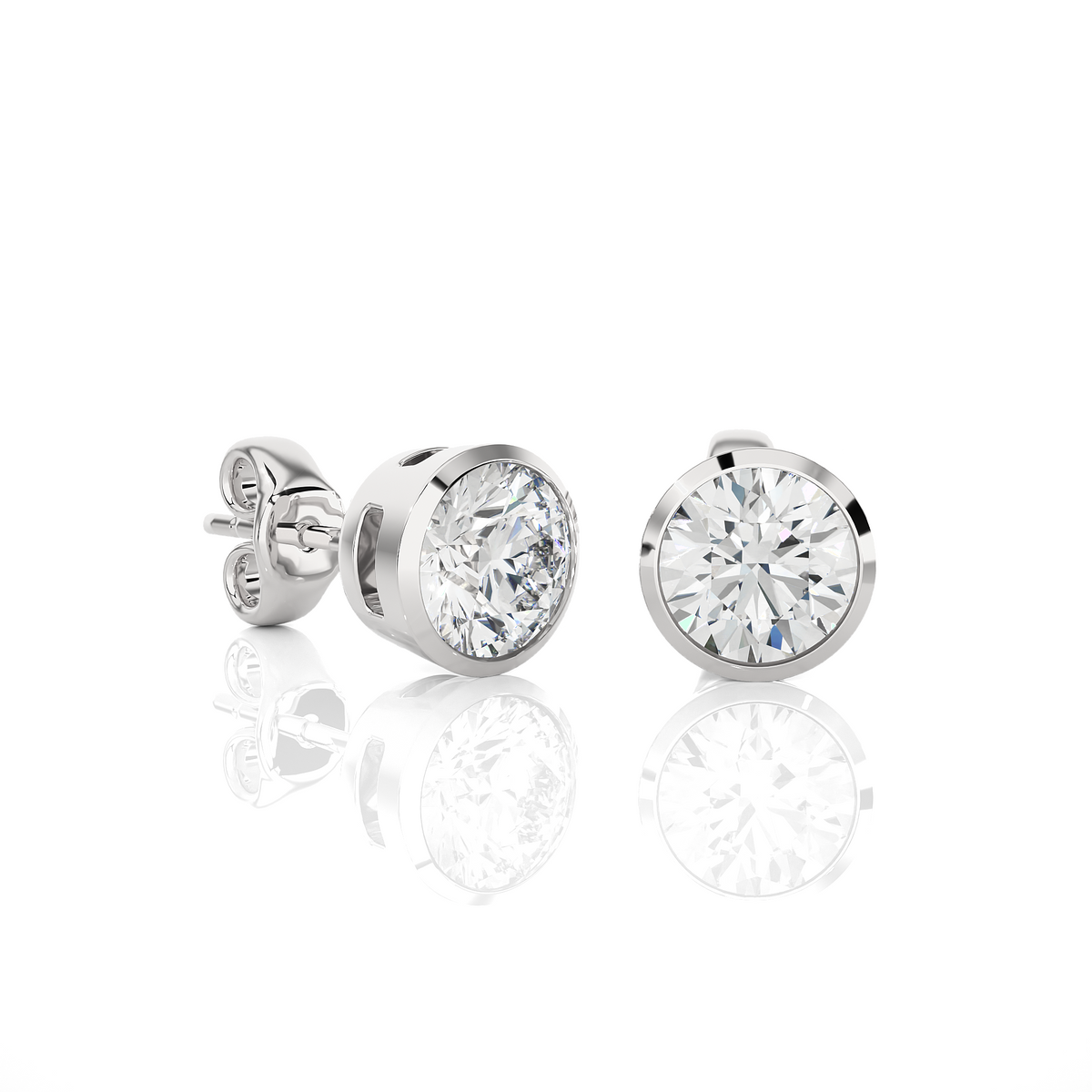 Side view of 1 carat bezel setting moissanite stud earrings in white gold, showing the setting and how the stone is held
