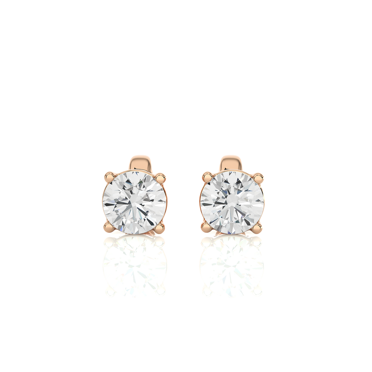 Front view of 1 carat four prong round cut moissanite stud earrings in rose gold, with classic four prong setting